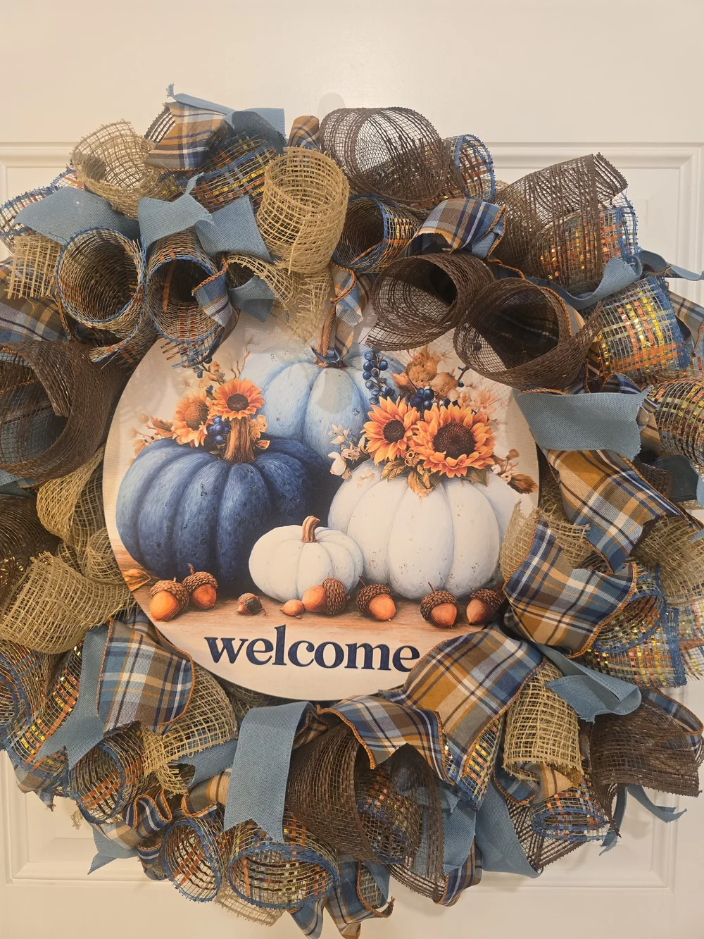 Welcome Sunflower Fall Blue & White Pumpkin Wreath - Home Holiday Decor